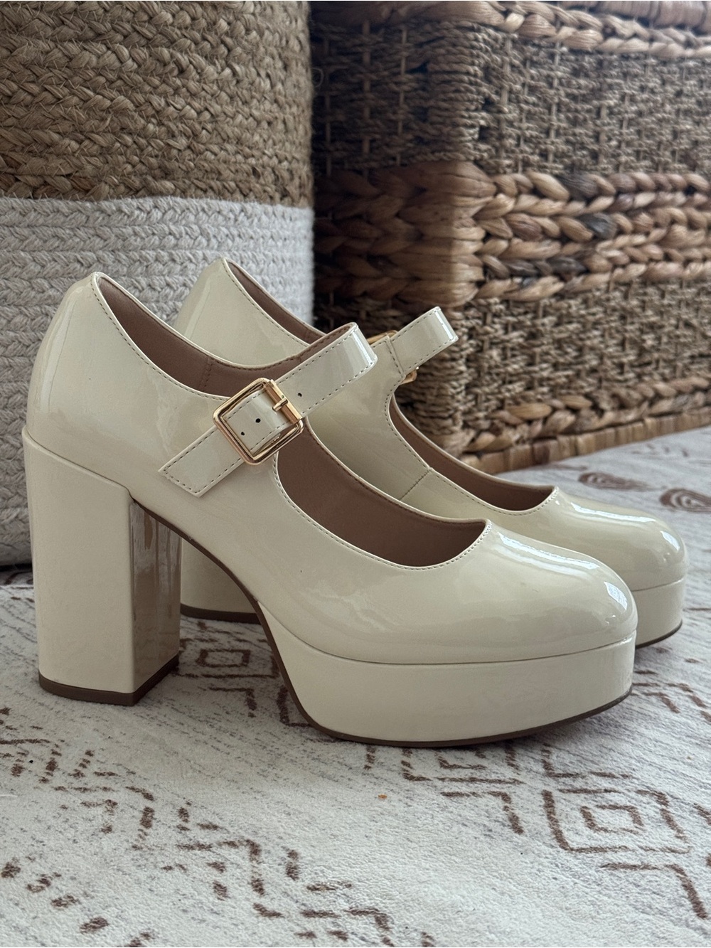 Platform Mary Jane Heels in Cream Patent with Gold Buckle
